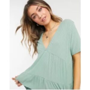 ASOS DESIGN tiered smock top in rib with v neck in sage green 14